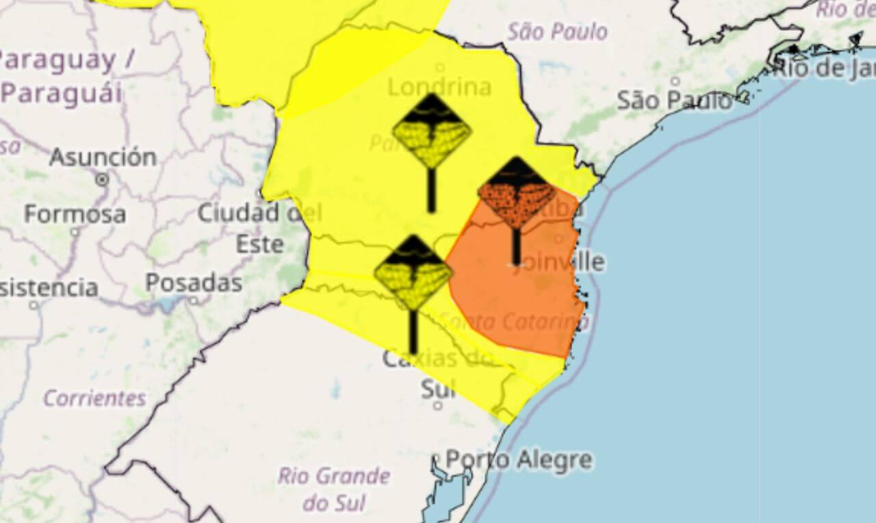 Alerta laranja e amarelo para chuva intensa e tempestade para grande parte do Sul do Brasil
