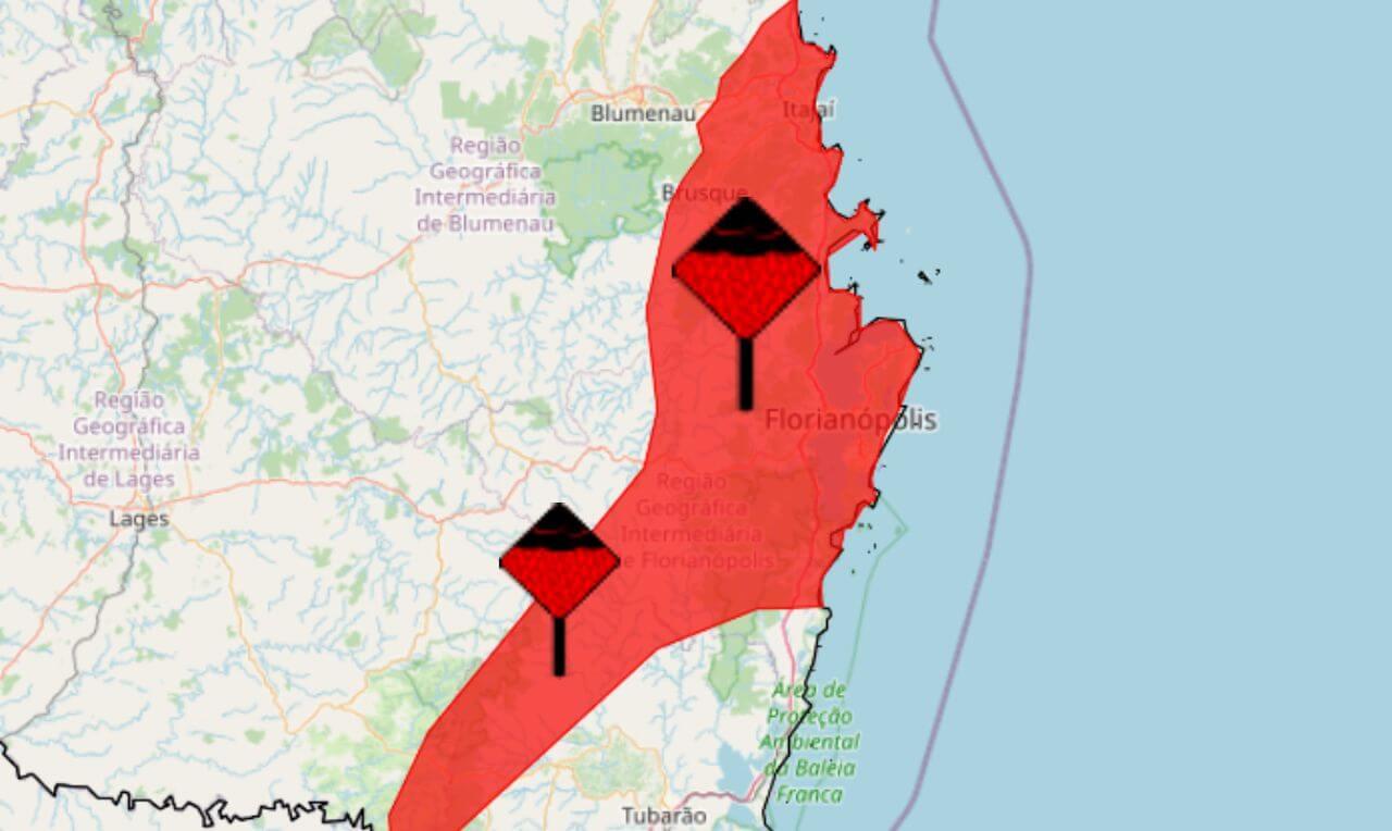 Alerta vermelho para chuva acumulada em partes de Santa Catarina inclusive a Grande Florianópolis