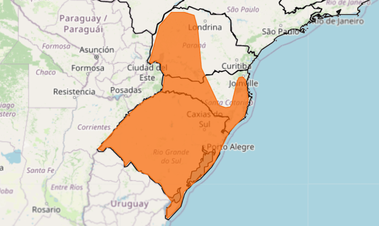 Alerta laranja para tempestade severa, chuva intensa e risco de granizo na região Sul do Brasil