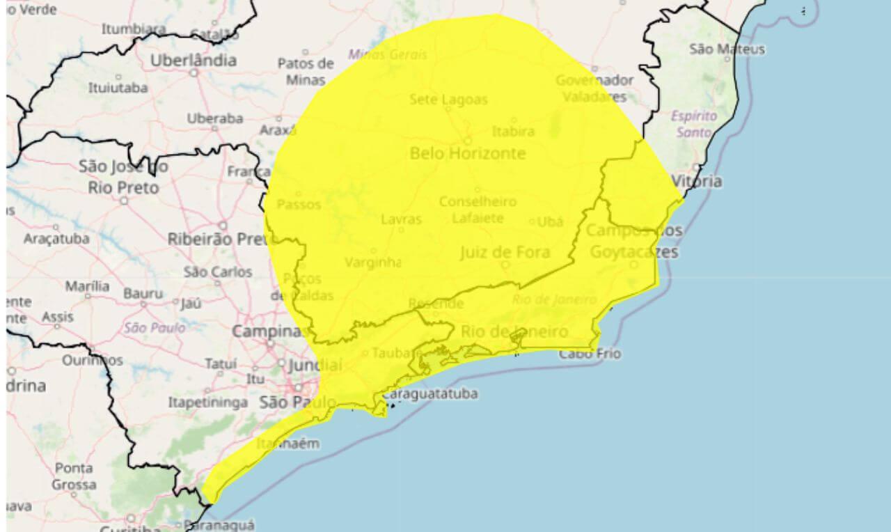 Alerta amarelo para temporais, chuva intensa e raios em partes de MG, SP, RJ e ES