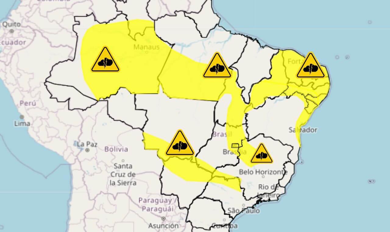 Alerta amarelo para temporais, chuva forte, raios e ventania em grande parte do Brasil