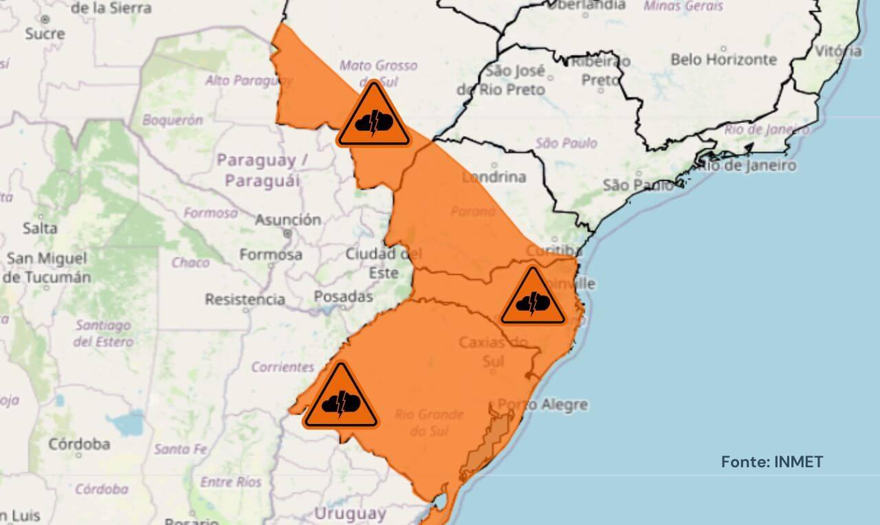 Alerta laranja para temporais, chuva intensa, ventania e raios em partes da região Sul, MS e SP