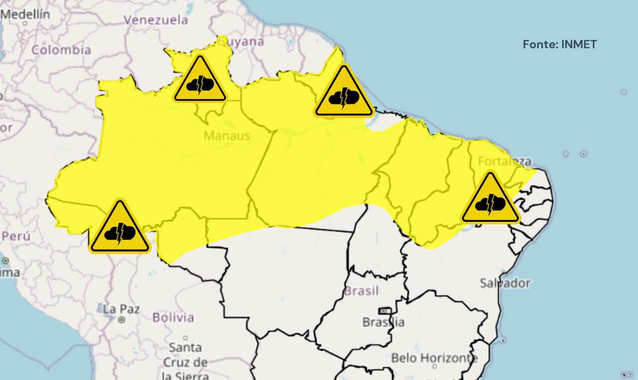 Alerta amarelo para chuva intensa, temporais, ventos e raios em partes do Nordeste, Norte e MT