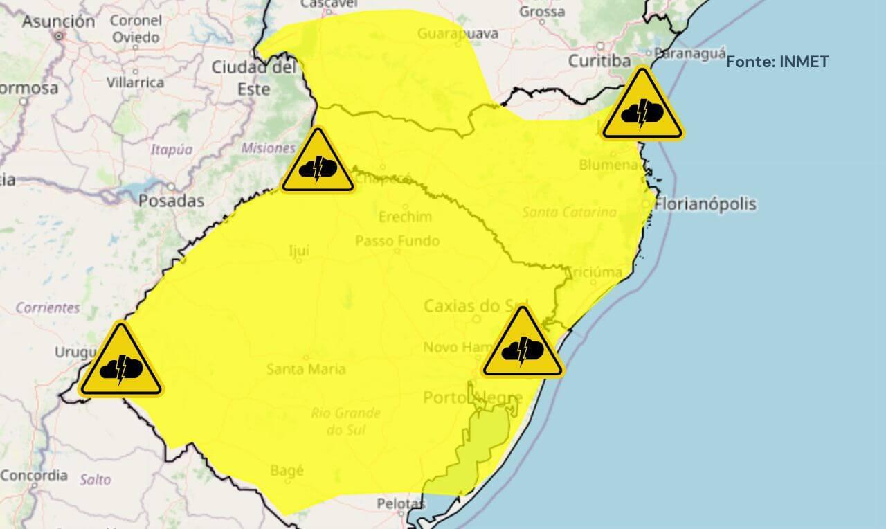 Alerta amarelo para temporais, chuva intensa, ventania e raios em partes do RS, PR e SC